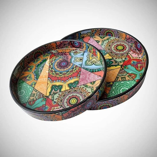 Round Wooden Multicolored Serving Trays, Pack of 2