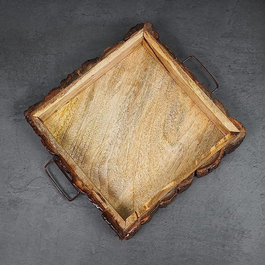Square Handcrafted Mango wood Serving Tray with Metal Handle